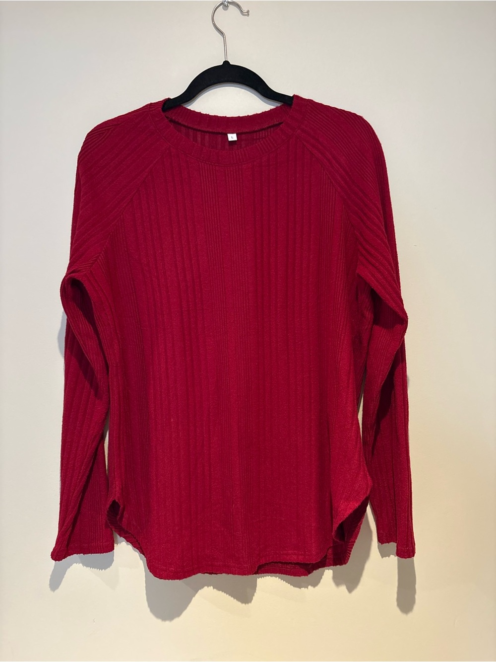 Women's Red Ribbed Long-Sleeve Top